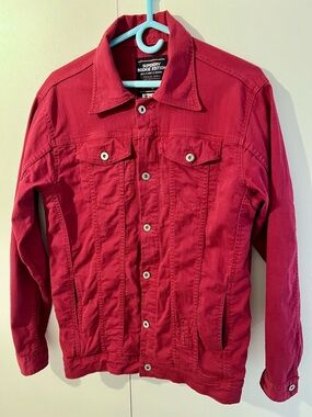 Superdry Men's Red Rookie Edition Military Denim Jean Jacket Medium Long